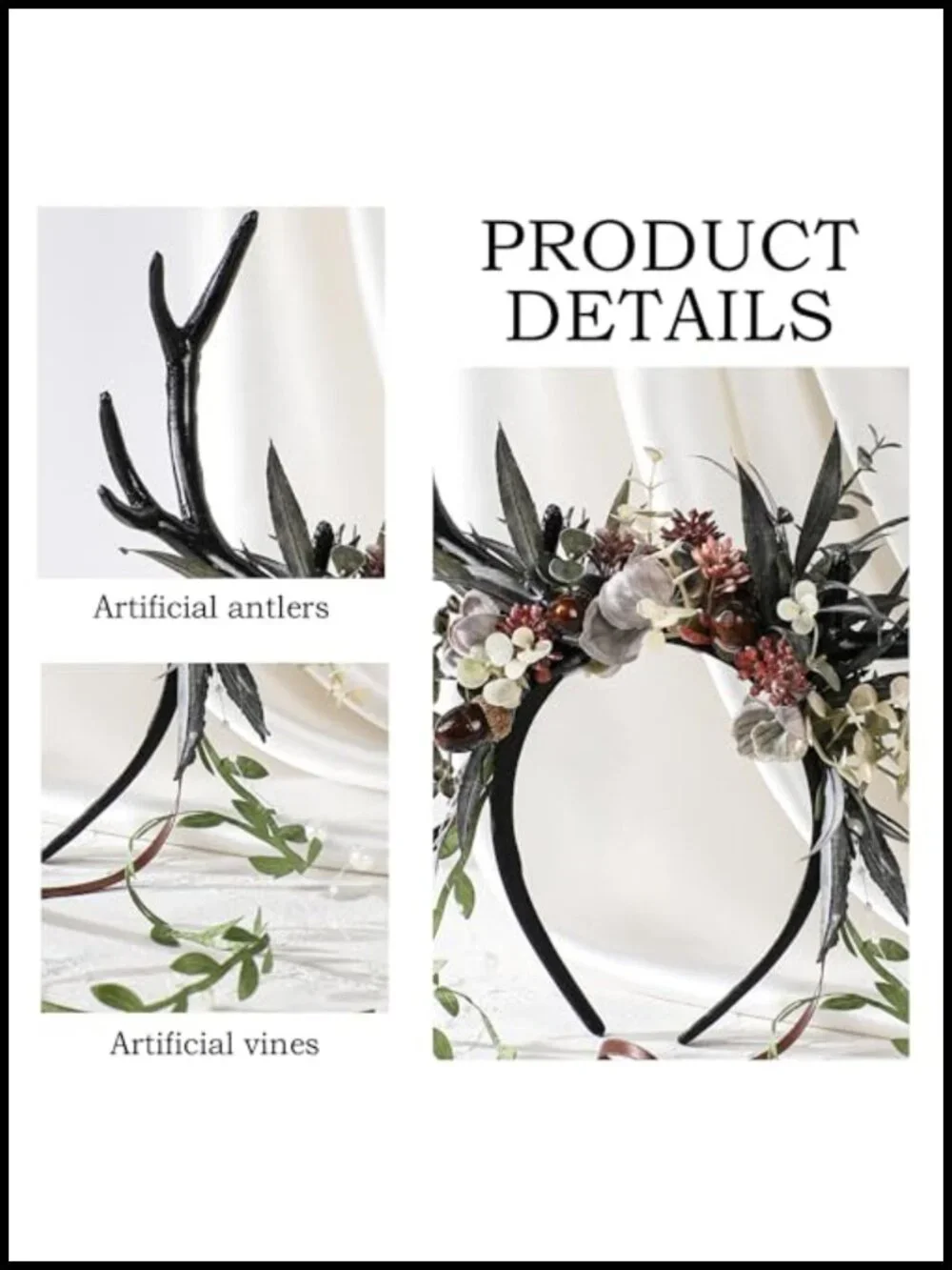 Gothic Flower Antler Headband Deer Antlers Hairband with Vines for Renaissance